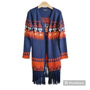 Papillon Boho Aztec Orange and Blue Open Front Collegiate Auburn Cardigan Sz M